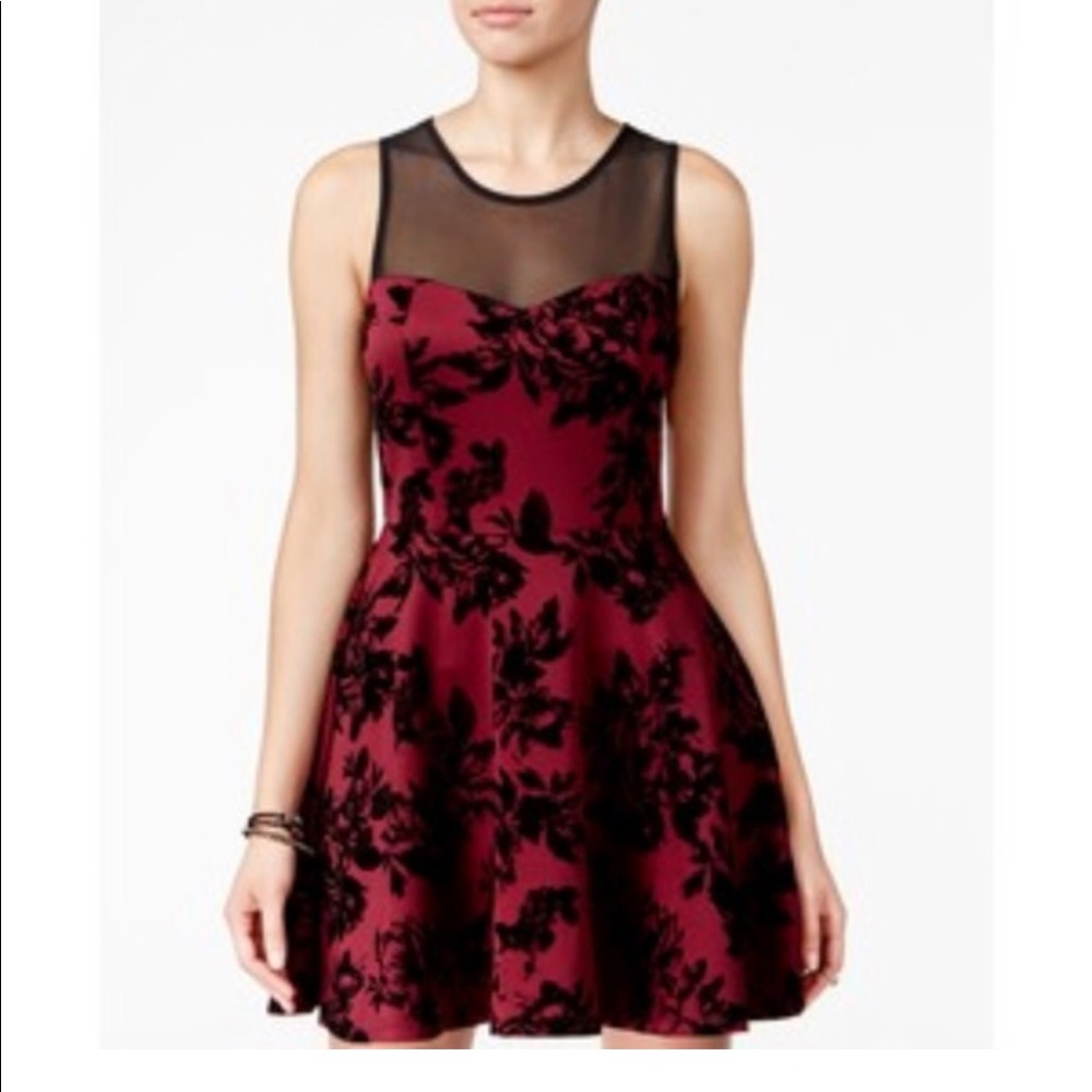 Trixxi Dark Red Dress with Black Flocked Detail